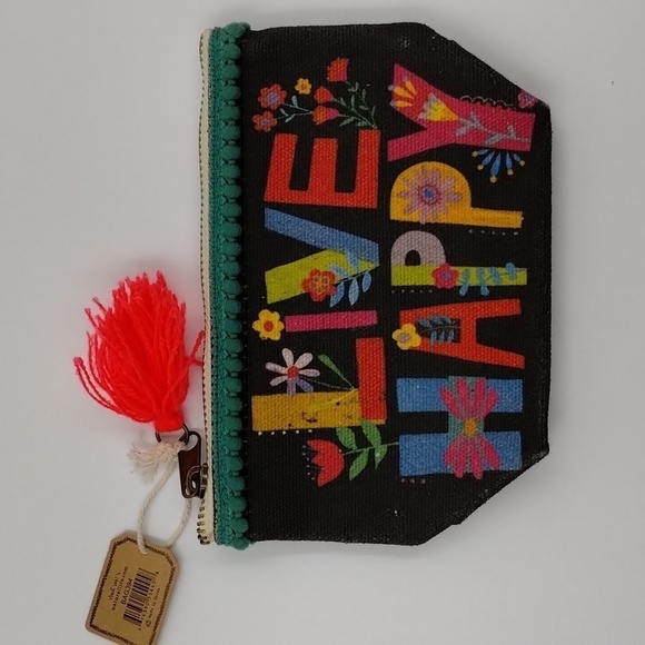 Natural Life Painted Canvas Coin Pouch LIVE HAPPY with tassel multicol… - Picture 2 of 6